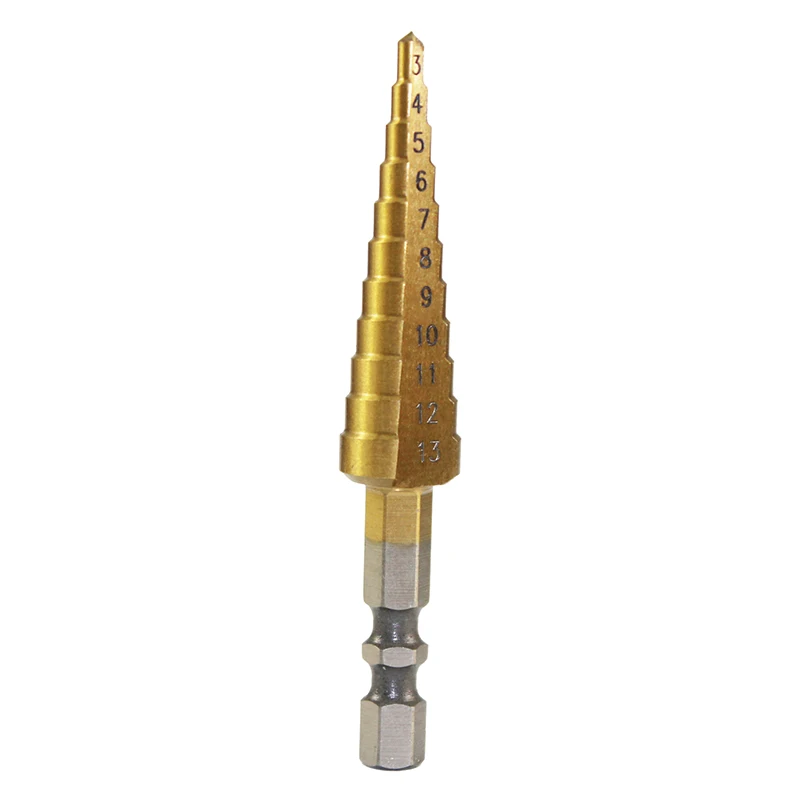 6.35mm Hex Shank 3 13mm 11 Sizes Titanium Coated HSS Step Cone Drill