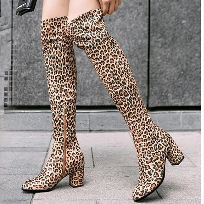 

2019 autumn and winter over the knee plus velvet high heel boots leopard women's boots Suede Large size 42 43 Knight boots boty