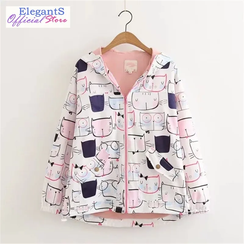 

Japan Style Women Hooded Jacket Coat Cute Cat Printed Harajuku Hoodie Coat Zipper Mori Girl Hoody Bomber Jackets Autumn Outwear
