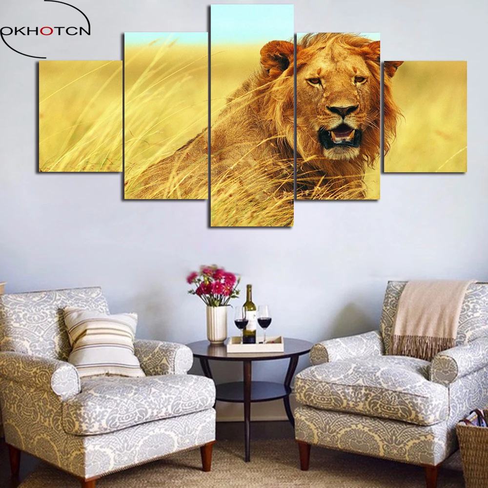 OKHOTCN Framed Canvas Lion Animal View Pictures Wall Art Living Room