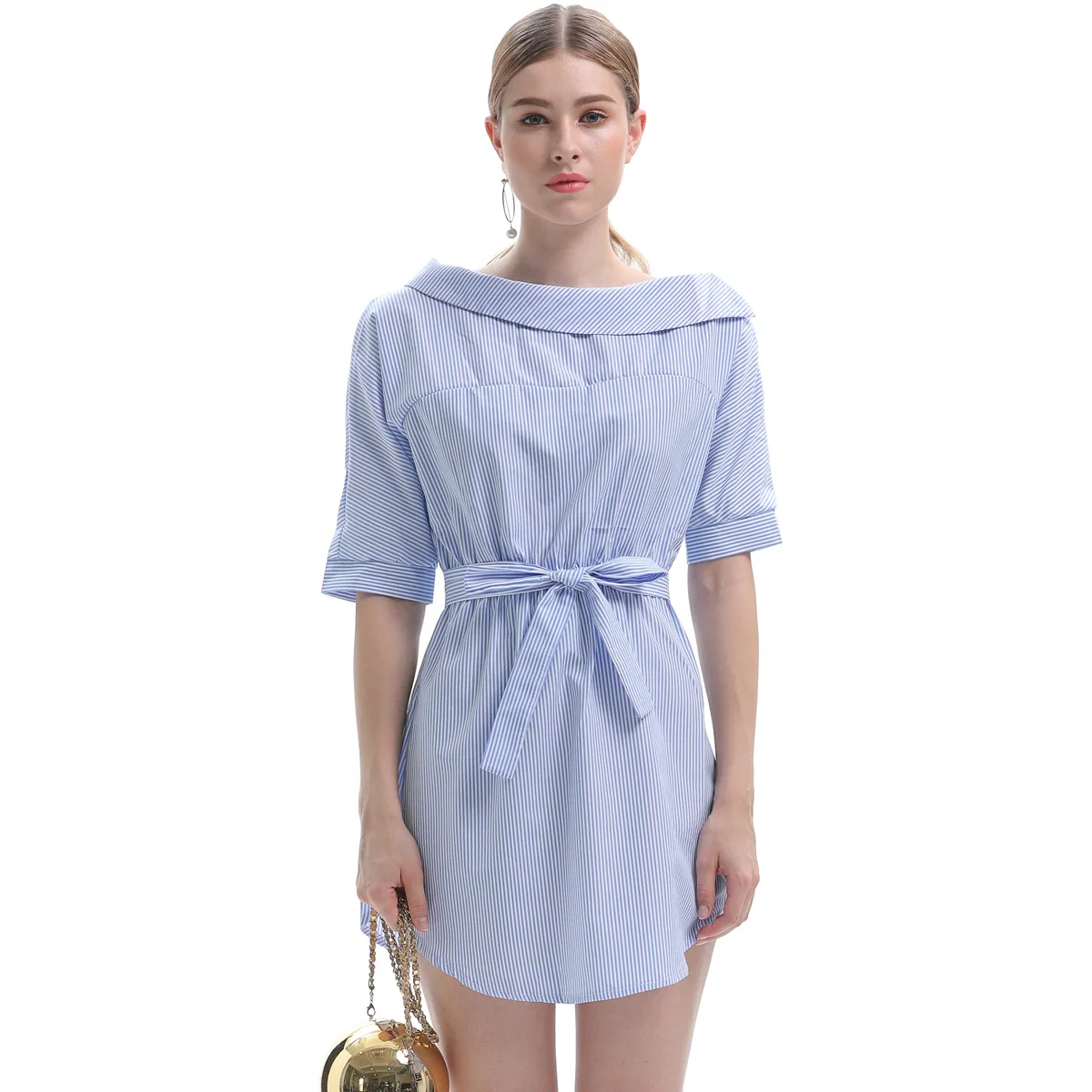 Cute Sweet Striped Dress for Women Mini  Women Dresses A-Line Strapless Summer Clothes for Women Blue