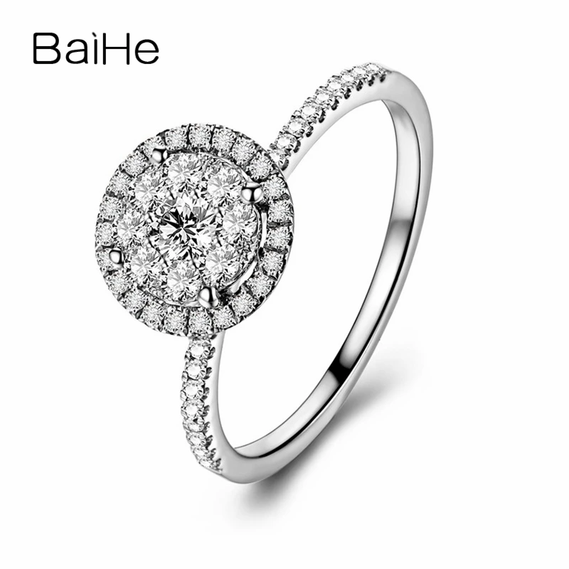 BAIHE Solid 18K White Gold(AU750) 0.45ct H/SI Round Cut 100% Genuine Natural Diamond Engagement Trendy Fine Jewelry Gift Ring Fine Jewelry