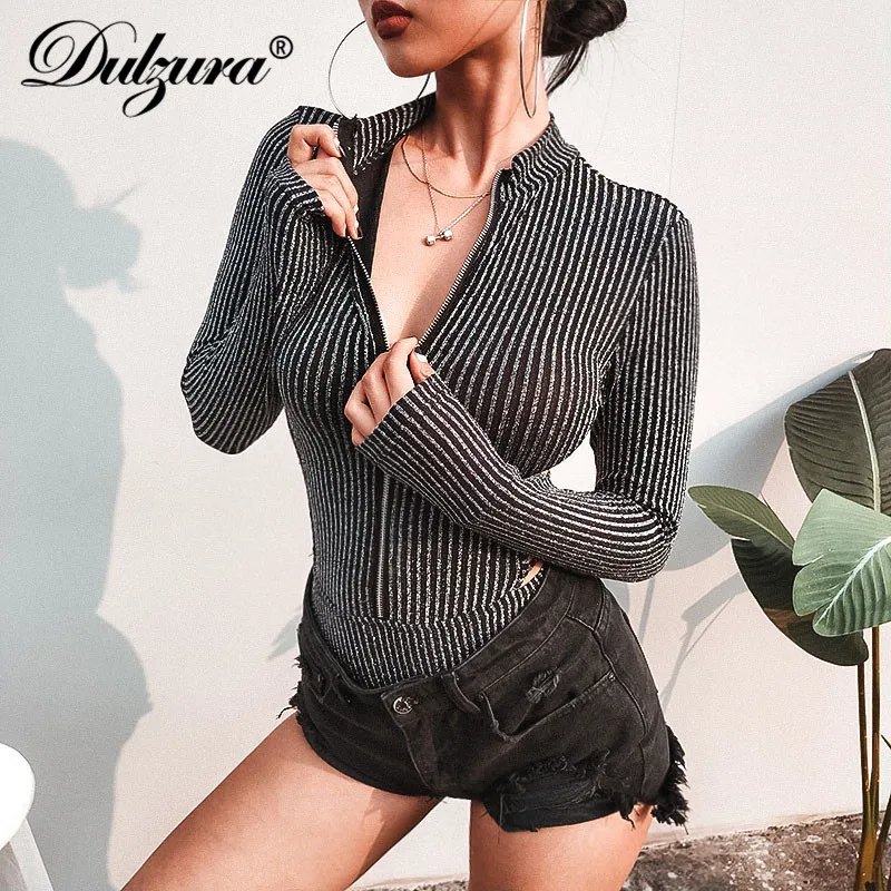 

Dulzura women bodysuit long sleeve zipper hollow out bandage sexy backless 2018 autumn winter female body fashion stripe ladies