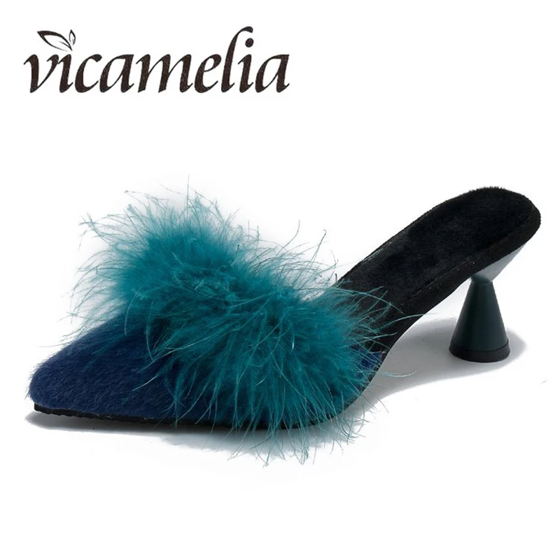 

Vicamelia Women Middle Heel Slippers Shallow Ostrich Hair Ladies Slides Fur Sandals Pointed Toe Flock Mules Female Shoes 199