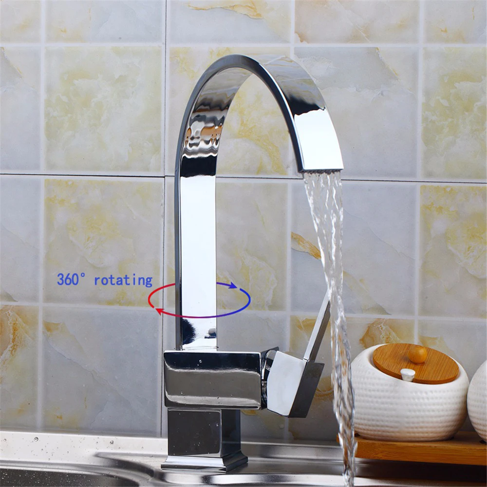 

Torayvino 360 Degree Swivel Kitchen Faucet Chrome Polished Single Hole Square Single Handle Hot Cold Mixer