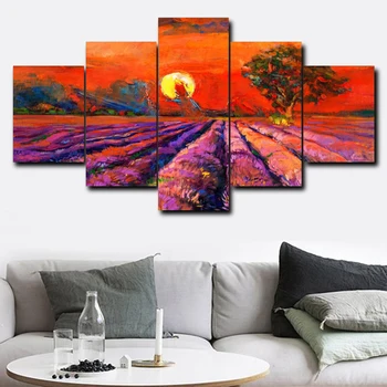 

Laeacco Canvas Painting Calligraphy 5 Panel Sunrise Garden Posters and Prints Nordic Wall Artwork Living Room Home Decor