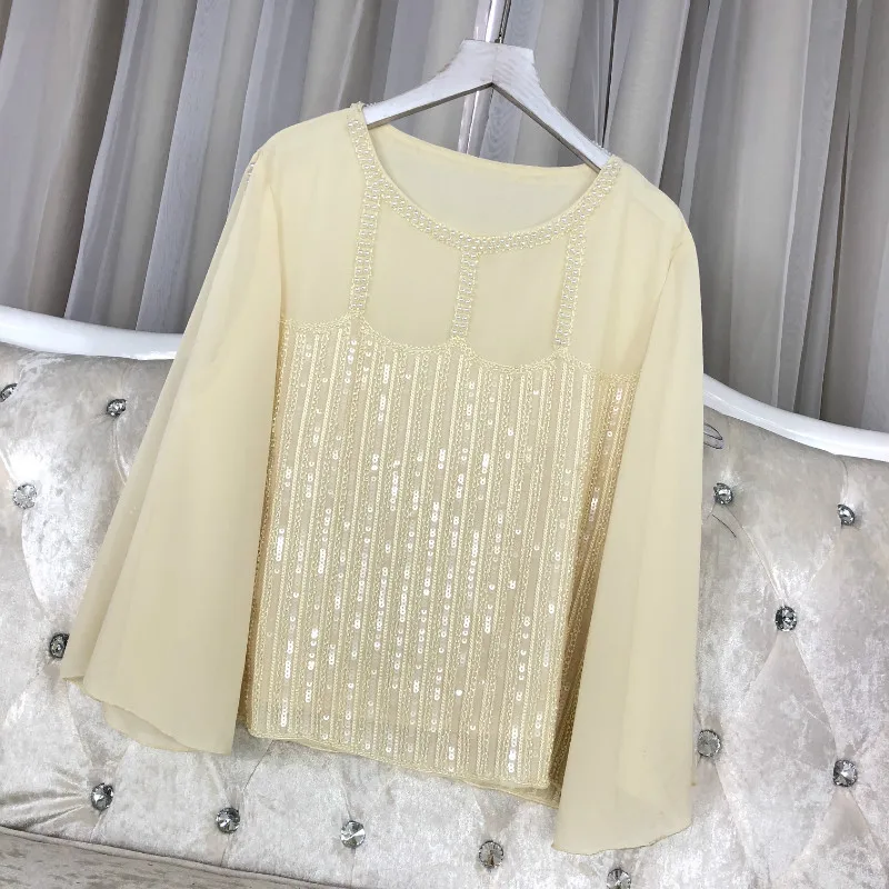 Cakucool Women Spring Chiffon Blouse Long Flare
