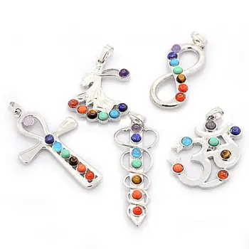 

10pcs Vintage Chakra Jewelry Brass stone Pendants, Mixed Style, Mixed Stone, 37~56x18~34x4~5mm, Hole: 5x8mm