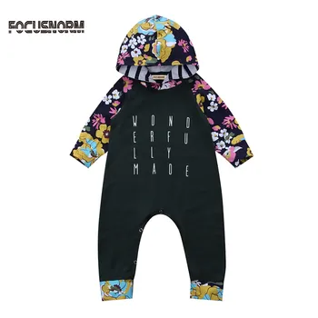 

Newborn Winter Baby Girls Floral Hooded Rompers Jumpsuit Dark Green Outfits Children Girl Clothes Letter Pullover
