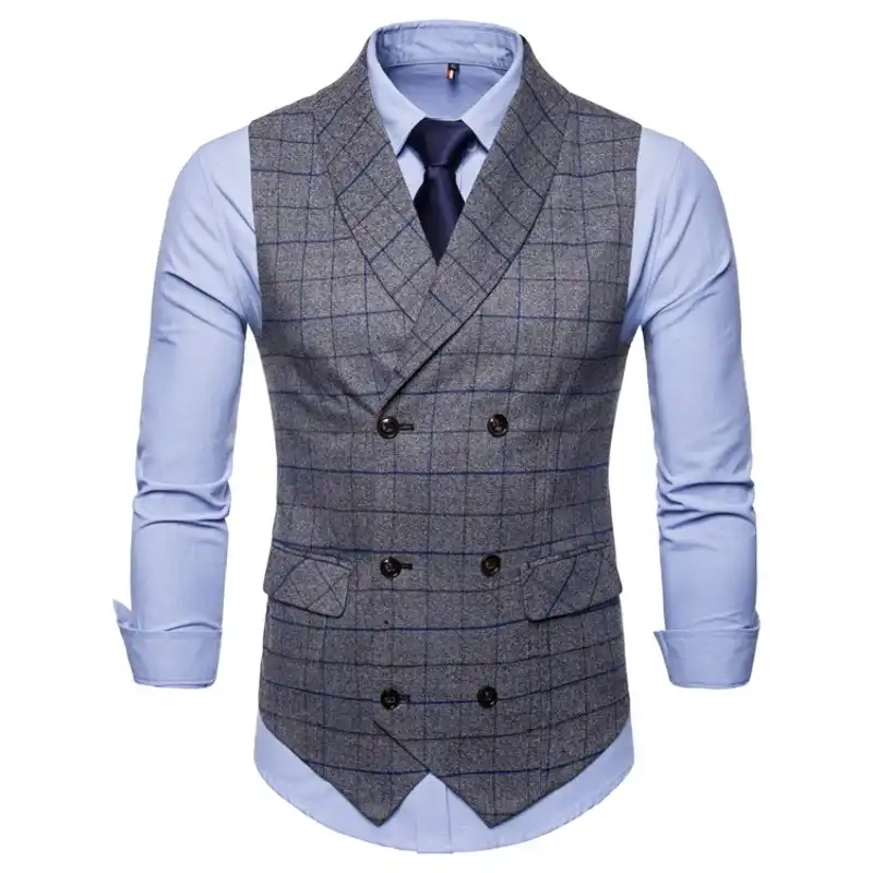 Blue Waistcoat Tweed Tuxedo For Men Navy Wedding Heren Male Casual Gilet British Style Vest 2018 Suits Business Fomal DH2EYIWe9