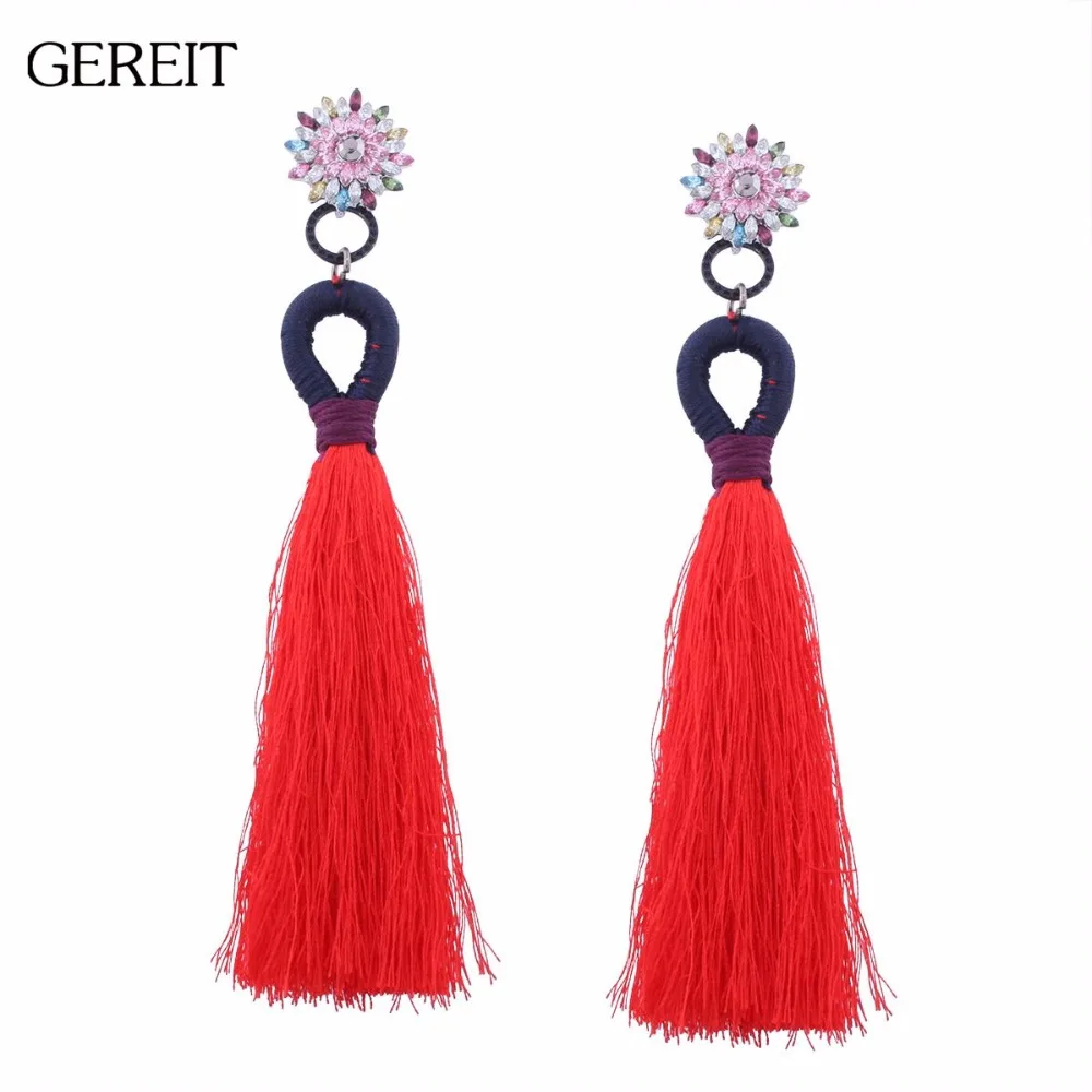 GEREIT Bohemian Long Tassel Earrings For Women Girls Colorful Crystal Flower Boho Fringed Drop Indian Jewelry | Украшения и