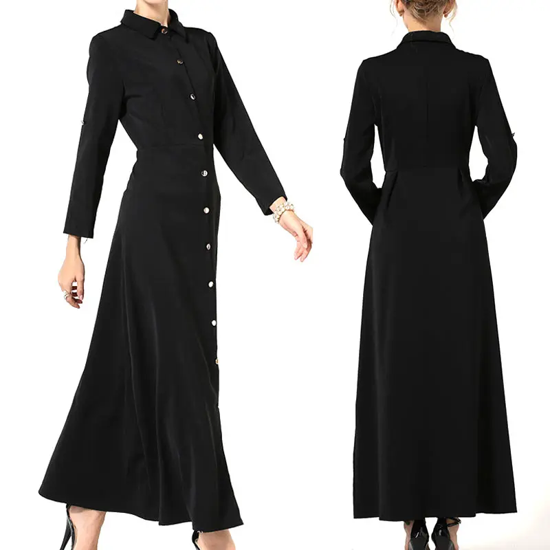 

2017 Women Slim Floor Length Button Maxi Dress Spring Autumn Long Sleeve Fashion Brief Muslim Dresses with Belt for Turkish Girl