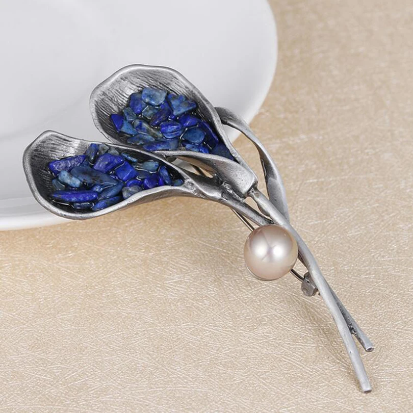 Vintage Natural Stone Flower Style Brooch Pins Fashion Metal Brooches