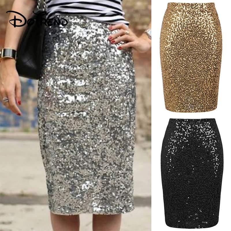 

Sexy Shiny Sequin Skirt Women High Waist Glitter Gold Silver Stretchy Pencil Skirts Ladies Knee Length Party Club Midi Skirt