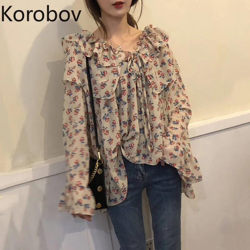 

Korobov Vinatge Elegant Flower Print Women Blouses Loose Casual V Neck Bow Chiffon Shirts Flare Long Sleeve Women Shirts 77780