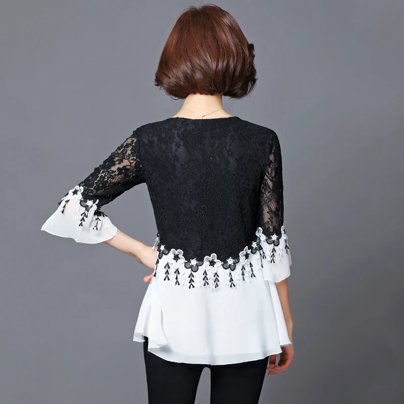 Женская шифоновая блузка с рукавами колоколами и вышивкой|flare sleeve|lace shirtlace chiffon top |