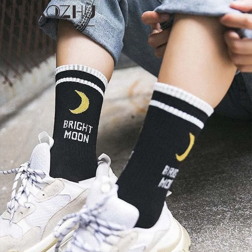 

CHAOZHU ulzzang Fashion Street More than dope cool casual unisex women men cotton 2 striped top socks bright moon calcetines