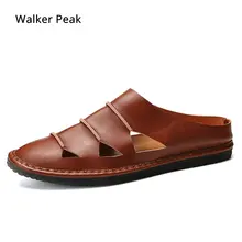 Коричневые шлёпанцы из натуральной кожи; мужские шлёпанцы; слипоны на плоской подошве; кожаная обувь ручной работы; Повседневная модная брендовая обувь; большие размеры