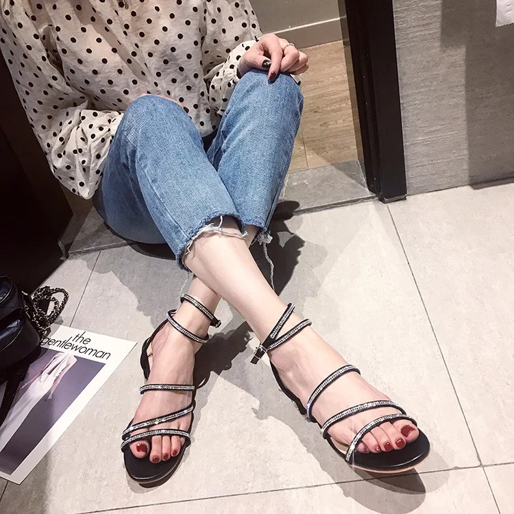 

Rhinestone Sandals Black Shoes For Women Med Summer Heels 2019 Women's With Beige Medium Female Comfort Block Chunky Sexy Sale