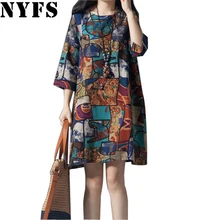 2018 Nova Primavera Outono Vestido de Linho de Algodão de Manga Curta da Cópia Do Vintage Plus Size solto Mulheres Vestidos Vestidos Robe Tamanho M-4XL
