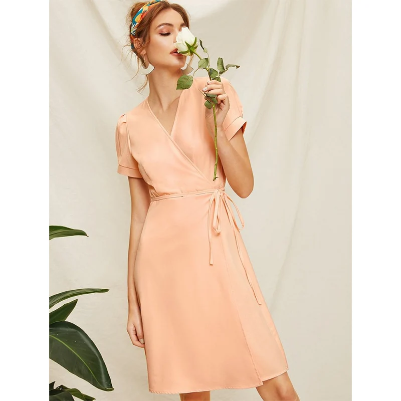

Women Summer elegant dress Short Sleeve V Neck Bandage Dress Slim Solid Orange Midi vintage dress ropa mujer vestidos