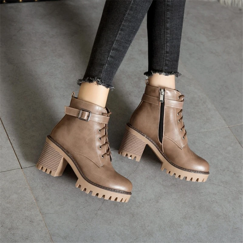 JIANBUDAN/фирменный дизайн, осенние женские ботинки на высоком каблуке pu кожаные ботинки на молнии для мотоцикла, зимние плюшевые теплые ботинки 34-43