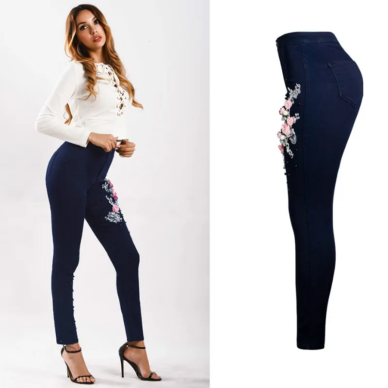 Обтягивающие джинсы с высокой талией, женские модные эластичные джинсовые штаны с вышивкой, женские штаны с эффектом пуш-ап и вышивкой, уличная одежда, синие брюки