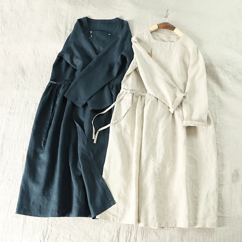 Осенняя Новинка, женские повседневные свободные платья размера плюс в японском стиле Mori, удобные тонкие льняные платья-кардиганы, 2 цвета