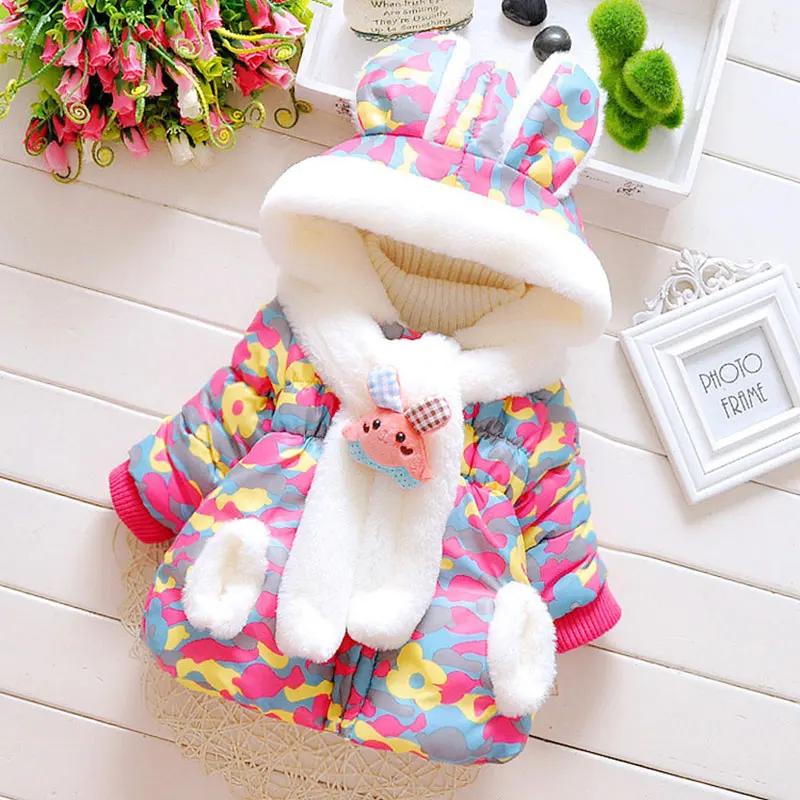 

New faslion Baby Girl Winter Coat Jecket Infant Toddler Kids Hooded Girl Clothing Baby cute rabbit ears hooded camouflage jacket