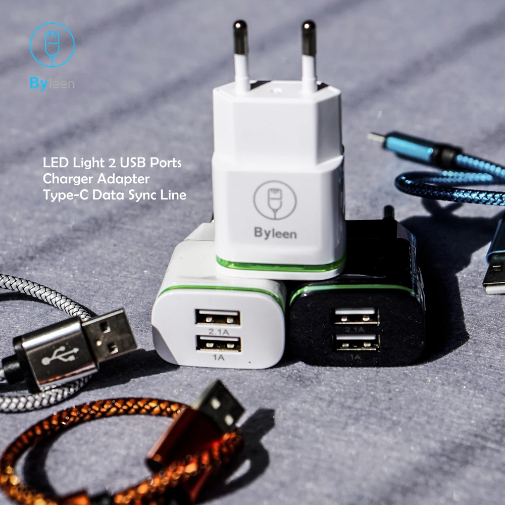 

Byleen EU Plug 5V 2A 2 USB Charger Adapter 0.2/1/2 m short Type C Fast Charging Wire Charger For Huawei P20 Pro lite Mate 9 10