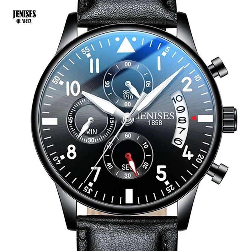 

JENISES Leather Men Watch Top Brand Luxury Auto Date Fashion Chronograph Quartz Watches Waterproof Male Clock Relogio Masculino