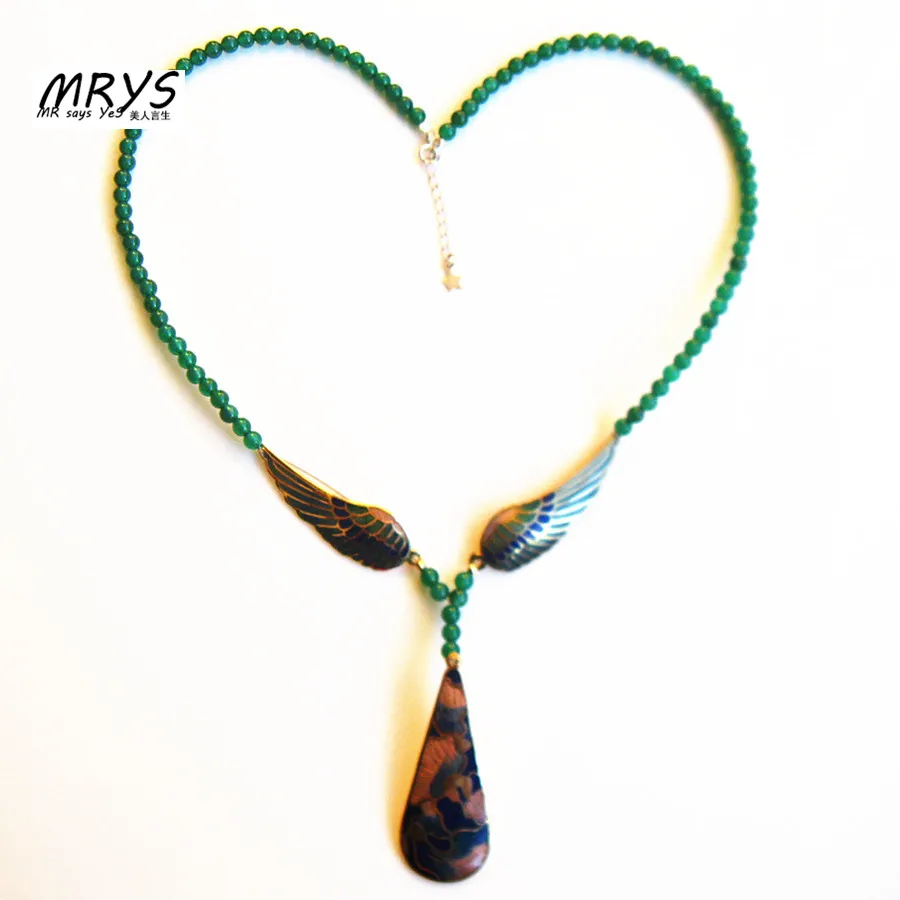 

Green Wings Water Drop Natural Stone Ethnic Cloisonne Enamel Fashion Jewelry Choker Necklace Women Girl Chistmas Trendy Gift New