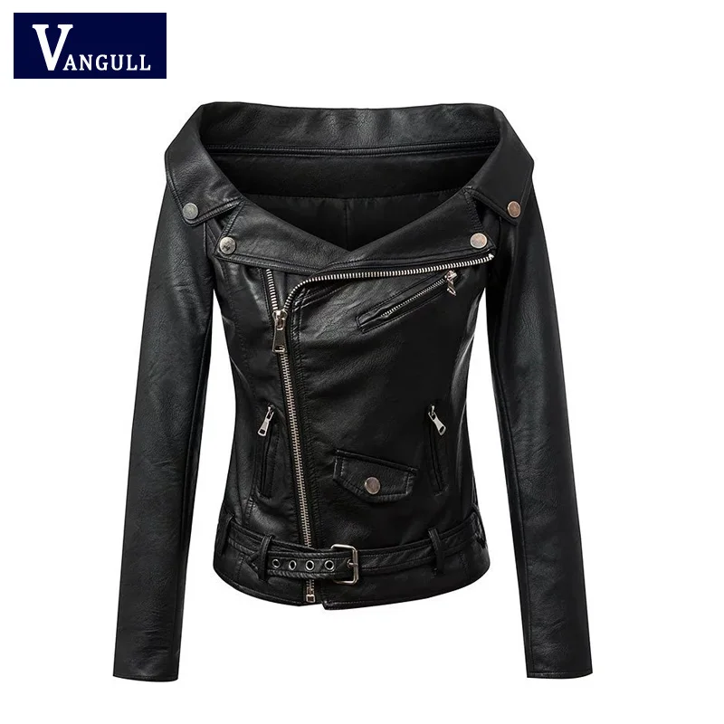 

Woman Off shoulder faux leather jacket women motorcycle jacket 2016 Spring autumn outerwear coats Short zipper basic jackets