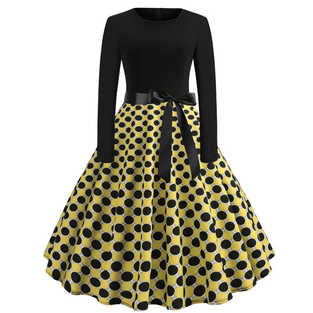 

Fashion Winter Women Dress 50S 60S Vintage Long Sleeve O Neck Dot Printing Party Prom Swing Dress Womens Elegant Party Dresses