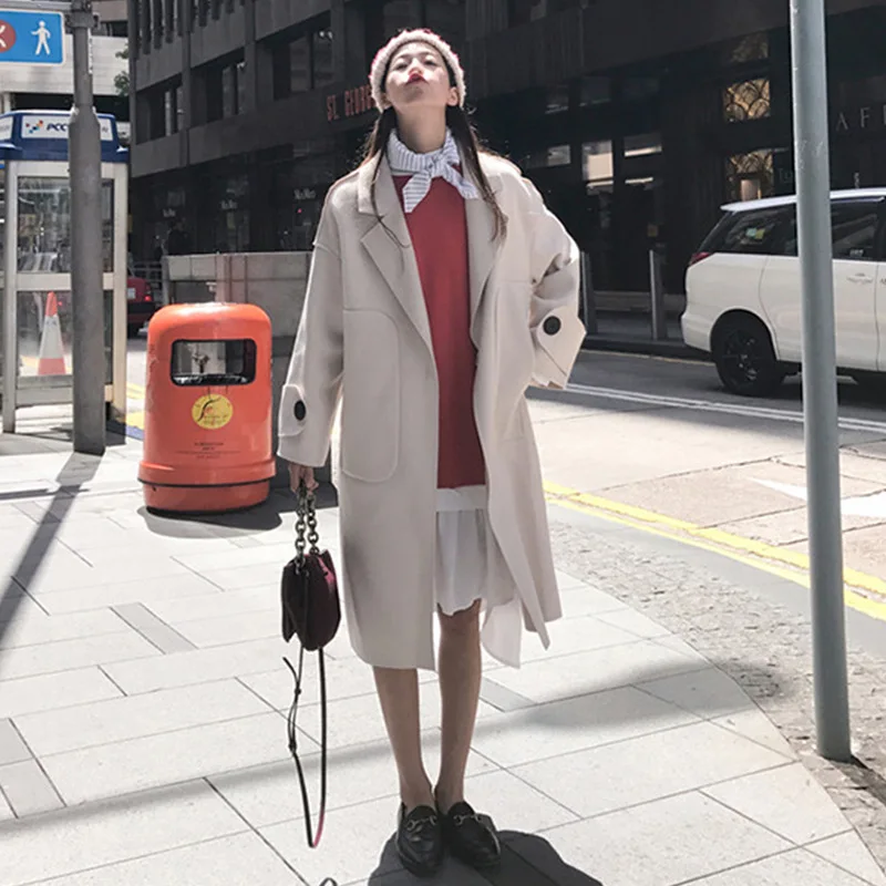 

Casual Open Stitch Womens Long Coats 2018 Winter Turn-down Collar Wool Blend Coat and Jacket Wide-waisted Ladies Coats