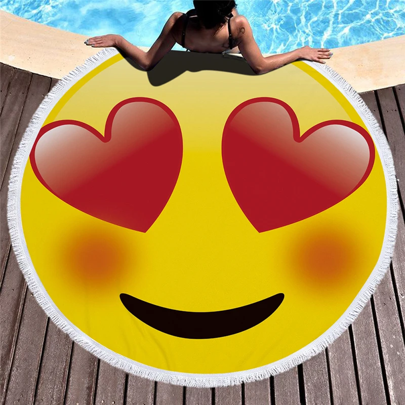 

Smile Emoji Round Large Beach Towel Microfiber with Tassels for Adults Cute Bath Towel for Kids Swimwear Thick Blankets Yoga Mat