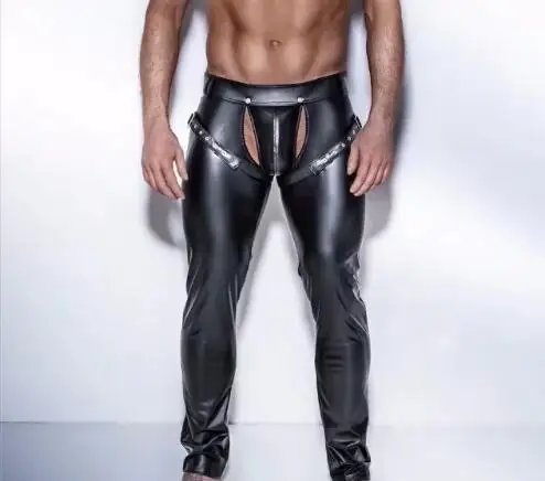 Sexy Men men leather chaps Open Crotch Erotic Latex Pants PVC Night Club Men Straps Trousers Gothic Punk Fetish Club Wear