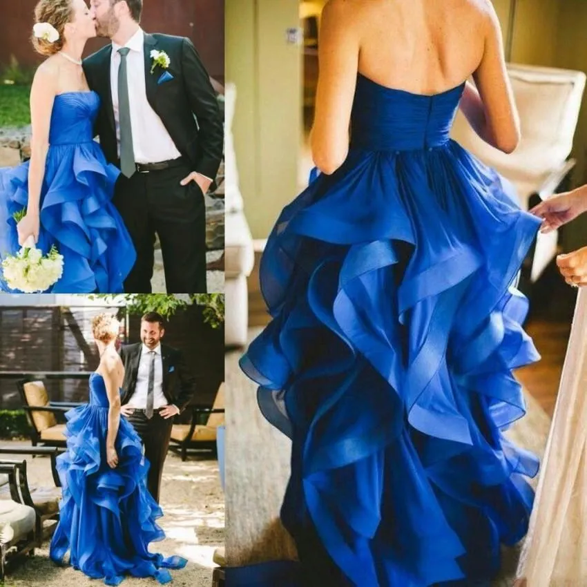 

Tiered Ruffle Skirts Royal Blue Wedding Dresses 2019 Latest A Line Strapless Country Garden Bridal Gowns Party Dress Arabic