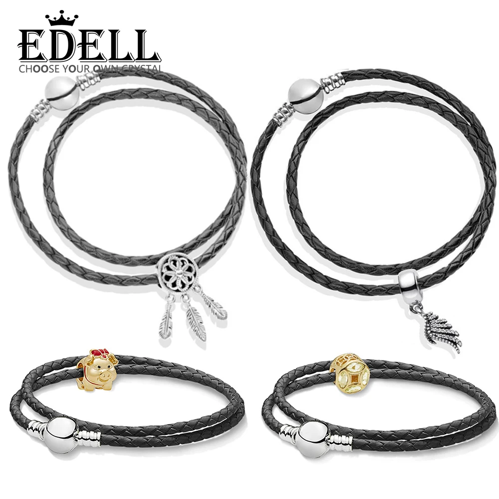 

EDELL 100% 925 Sterling Silver 1:1 SHINE PIGGY Good Fortune Coin SPIRITUAL DREAMCATCHER Beads DOUBLE WOVEN LEATHER BRACELET Set