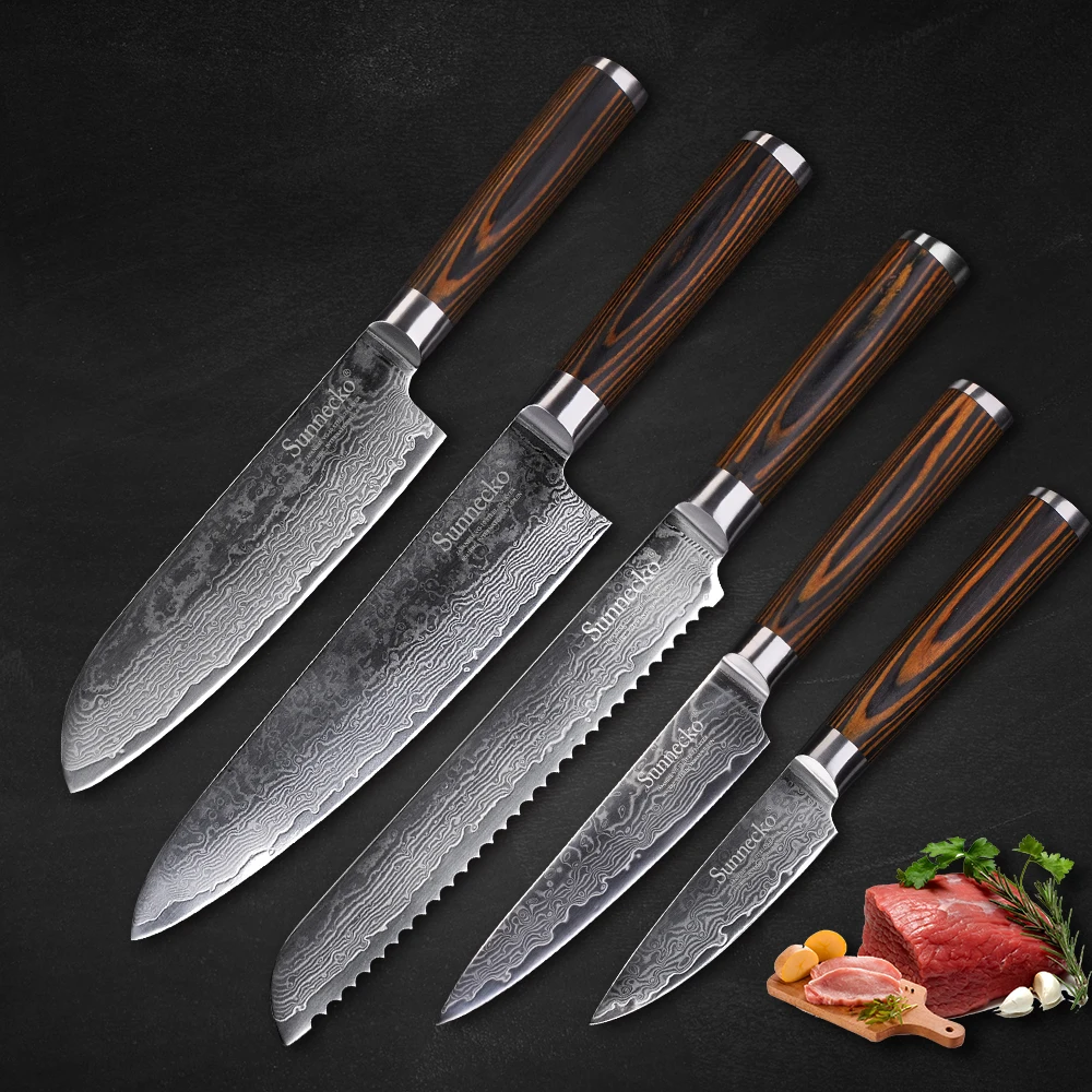 SUNNECKO 5PCS Kitchen Knives Set Damascus Steel Chef Knife Japanese VG10 Pakka Wood Handle Utility Paring 