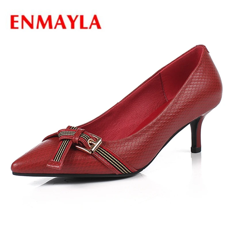 

ENMAYER Pointed Toe Genuine Leather Thin Heels Casual Slip-On Womens Shoes Zapatos De Mujer Size 34-39 ZYL2343