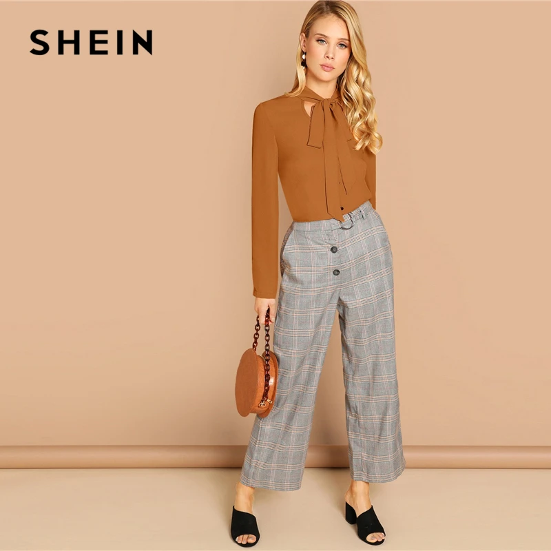 SHEIN, коричневый однобортный Топ с завязками на шее, однотонная блузка, летняя Женская Весенняя рабочая одежда для офиса,, стильные блузки с длинным рукавом