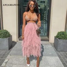 ANJAMANOR, прозрачная сетчатая длинная юбка макси с высокой талией, Летняя Сексуальная Асимметричная плиссированная трапециевидная бальная юбка, фатиновые юбки, женские D48-AA86