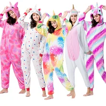 Winter Adults Unicorn Onesie Kigurumi Animal Panda Pajamas Flannel Hooded Anime Stich Licorne Pyjamas Women Men Sleepers Blanket