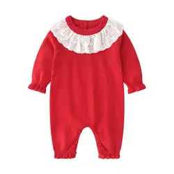 Вязаный комбинезон для малышей розовый и красный цветочный воротник милый детский костюм детский комбинезон