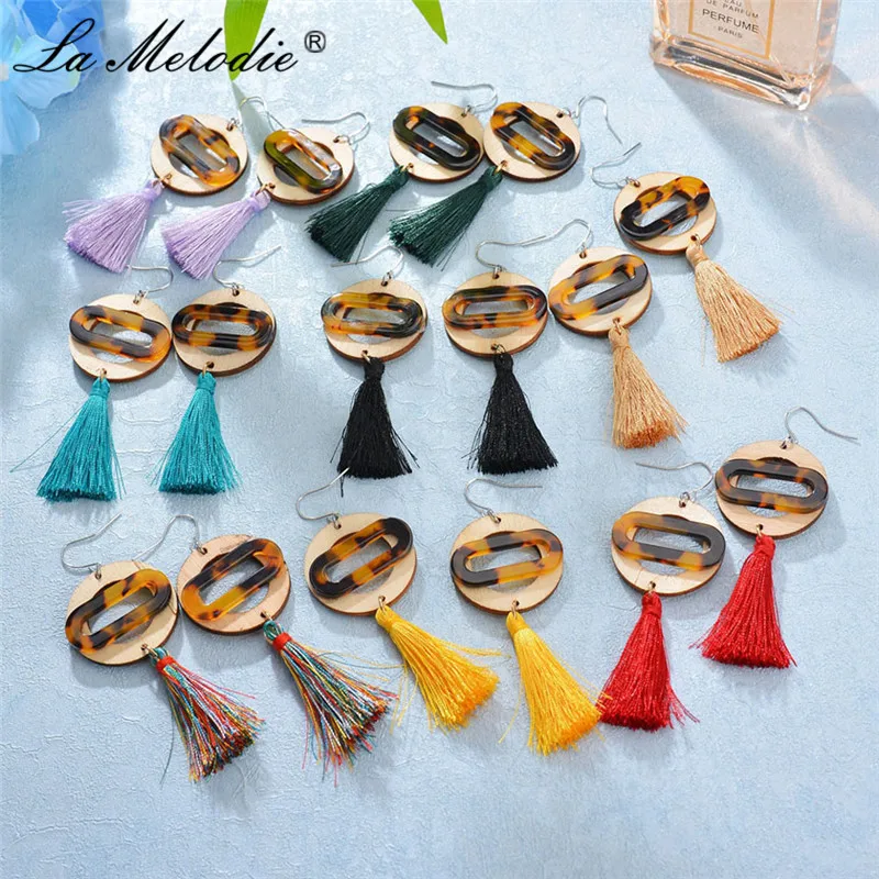 

New Design Resin Leopard Print Wooden Tassel Long Dangle Earrings For Women Plastic Leopard Fringe Pendant Drop Earrings Females