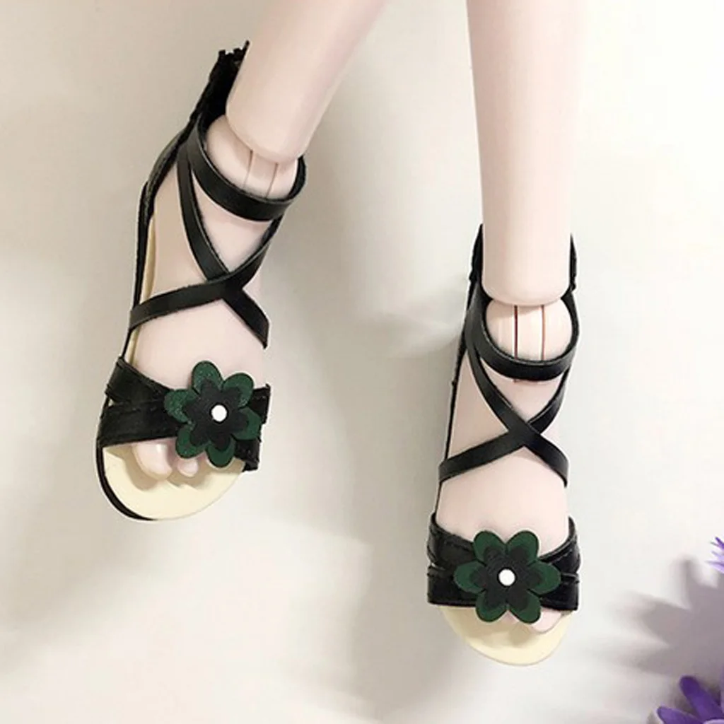 Fashion Girl Dolls PU Shoes Flower Sandals Flats For Dollfie 1/3 BJD Doll Summer Costume Accessories Black