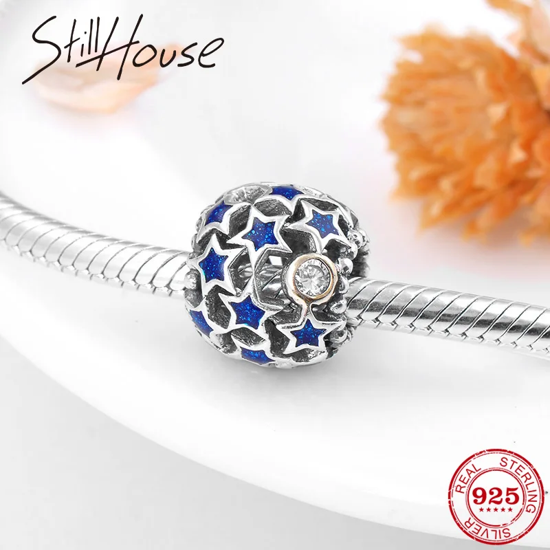 

Openwork Beautiful night sky blue zircon stars 925 Sterling Silver Charms beads Fit Original Pandora Charm Bracelet DIY Jewelry