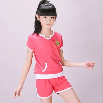 

2016 girls pure cotton short sleeve shorts summer sports suit kids leisure sets children twinset 6 - 15 years teenage clothing