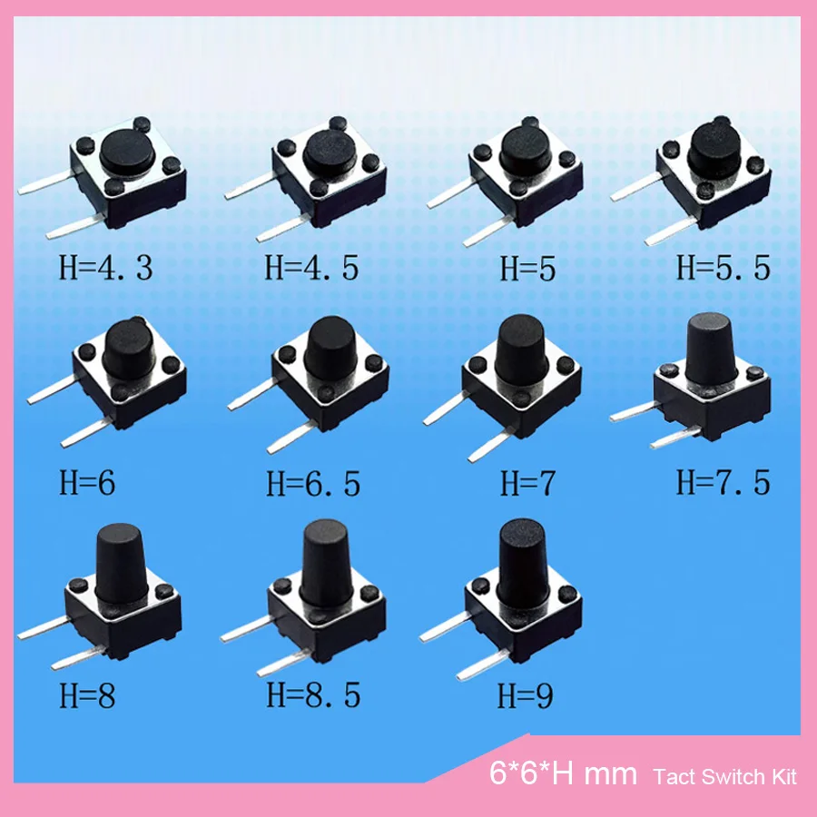 

11valuesx10pcs Tact Switch Kit 6*6*4.3~9mm Side 2 Pins Tactile Push Button Switches 6x6x4.3~9 mm Micro Switch 6*6*4.3mm ect